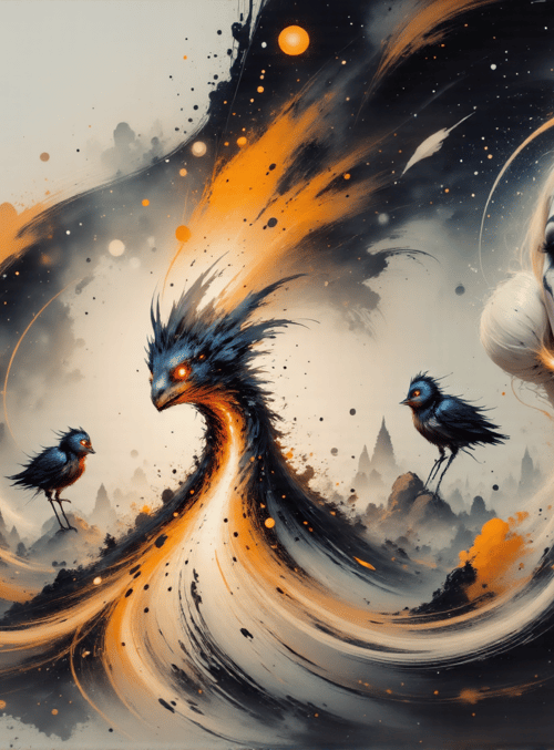 woman, bird, dragon, sunset