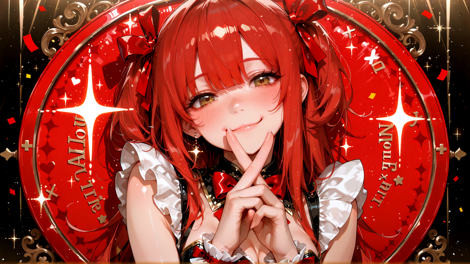 AI generated wallpaper featuring girl, anime, red hair, bow, finger, dress, hearts, confetti, stars, gloves