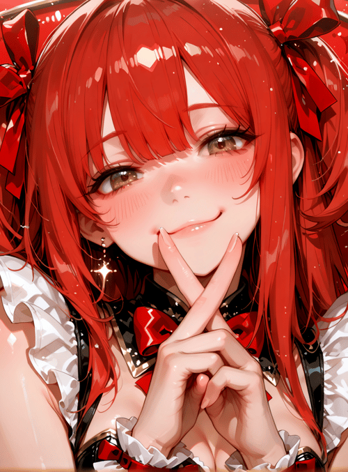 girl, anime, red hair, bow, finger, dress, hearts, confetti, stars, gloves