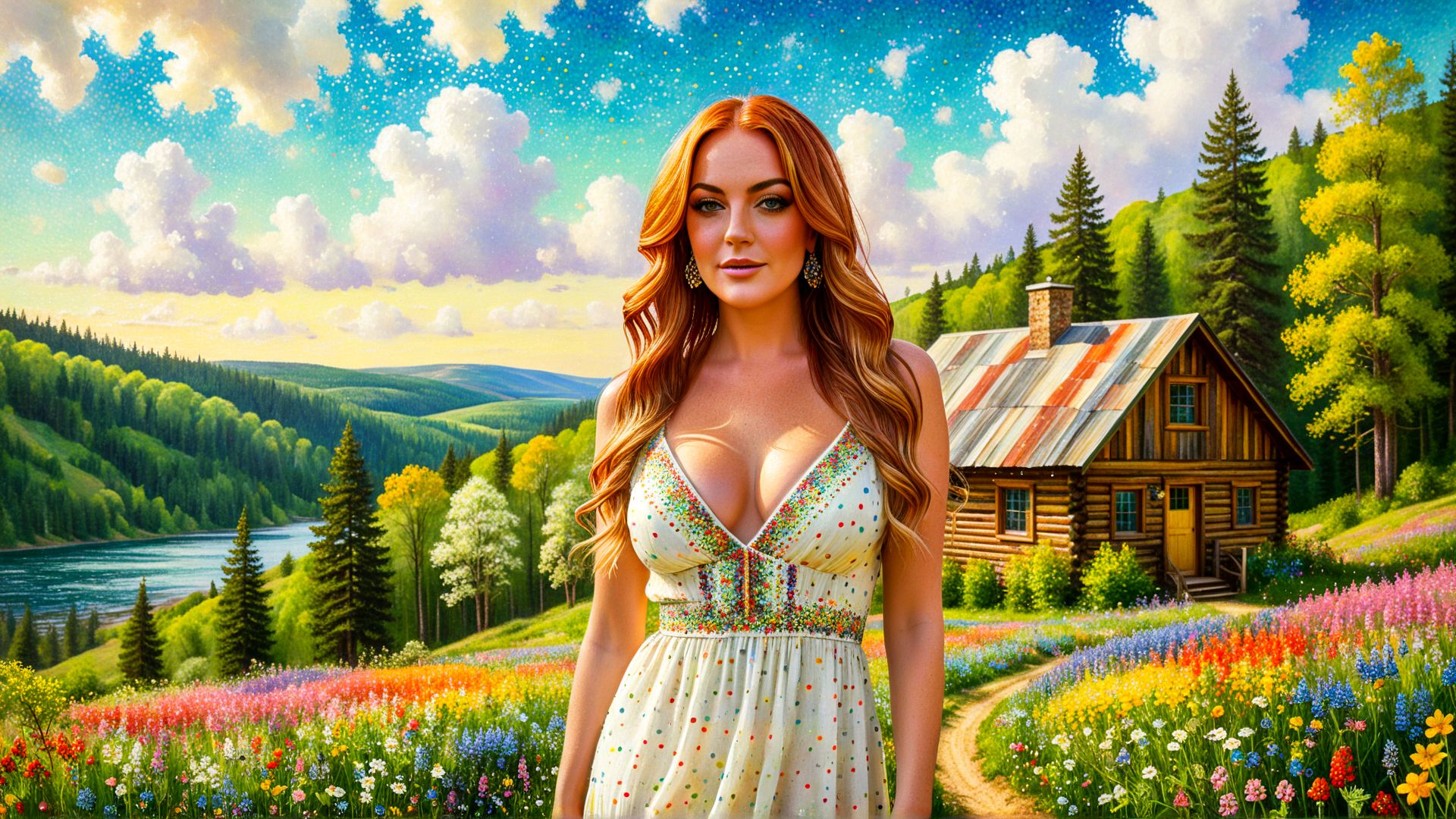 AI generated wallpaper featuring woman, flower field, log cabin, mountains, lake, trees