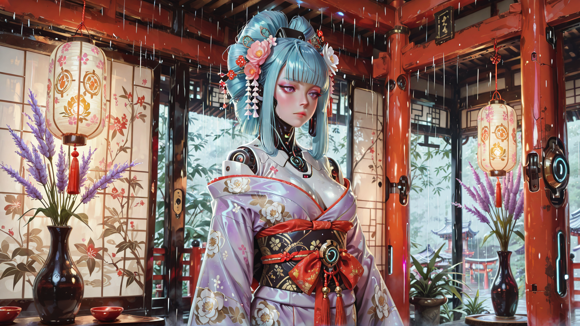 AI generated wallpaper featuring geisha, robot, kimono, lantern, lavender, vase, rain, building, flower, tassel