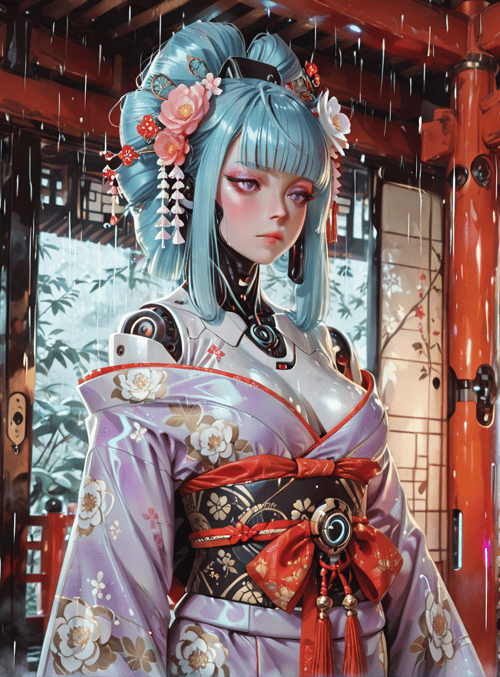geisha, robot, kimono, lantern, lavender, vase, rain, building, flower, tassel