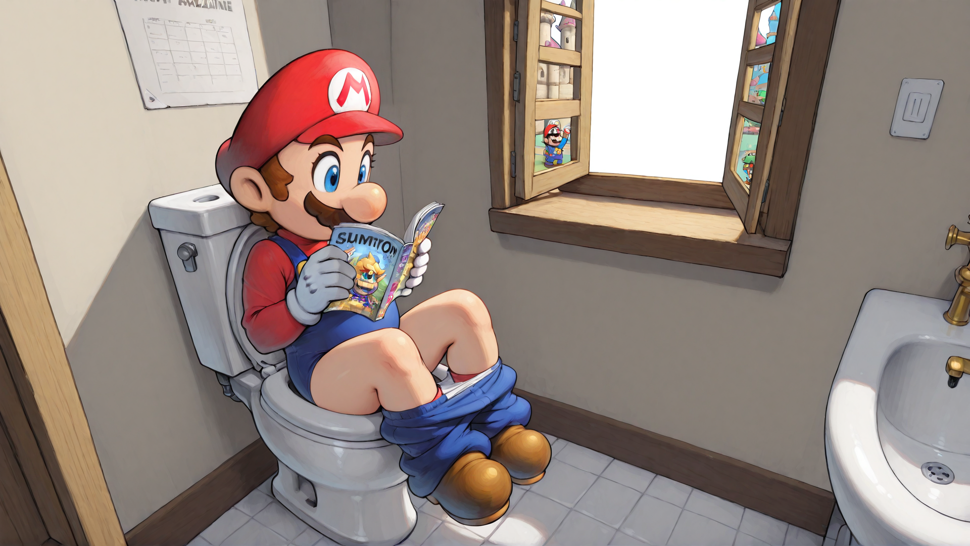 AI generated wallpaper featuring mario, toilet, magazine, window, bathroom, sink, calendar, shoes, overalls, hat