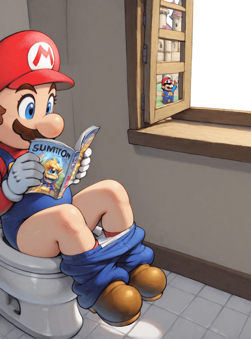 mario, toilet, magazine, window, bathroom, sink, calendar, shoes, overalls, hat