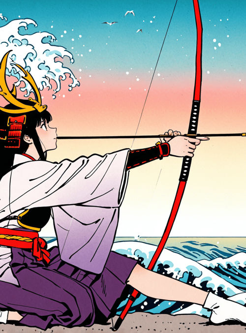 woman, archer, wave, spear, deer antlers, bow
