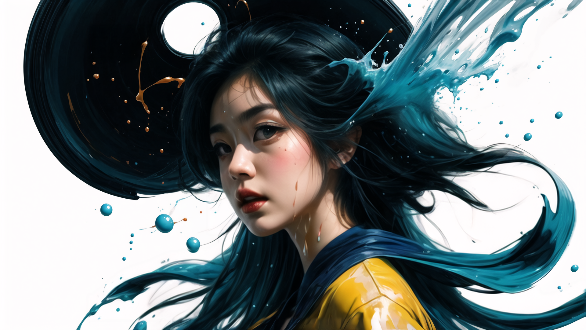 AI generated wallpaper featuring woman, hair, paint, drops, spheres
