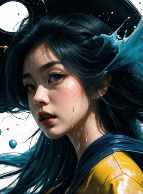 woman, hair, paint, drops, spheres