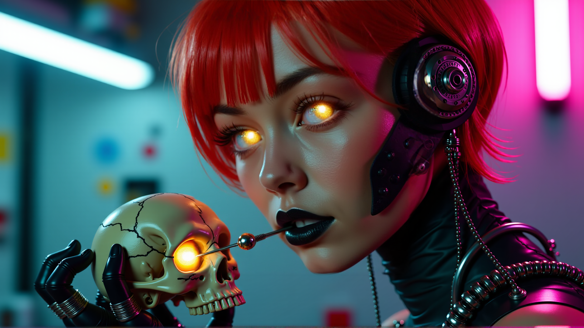 AI generated wallpaper featuring cyborg, skull, gloves