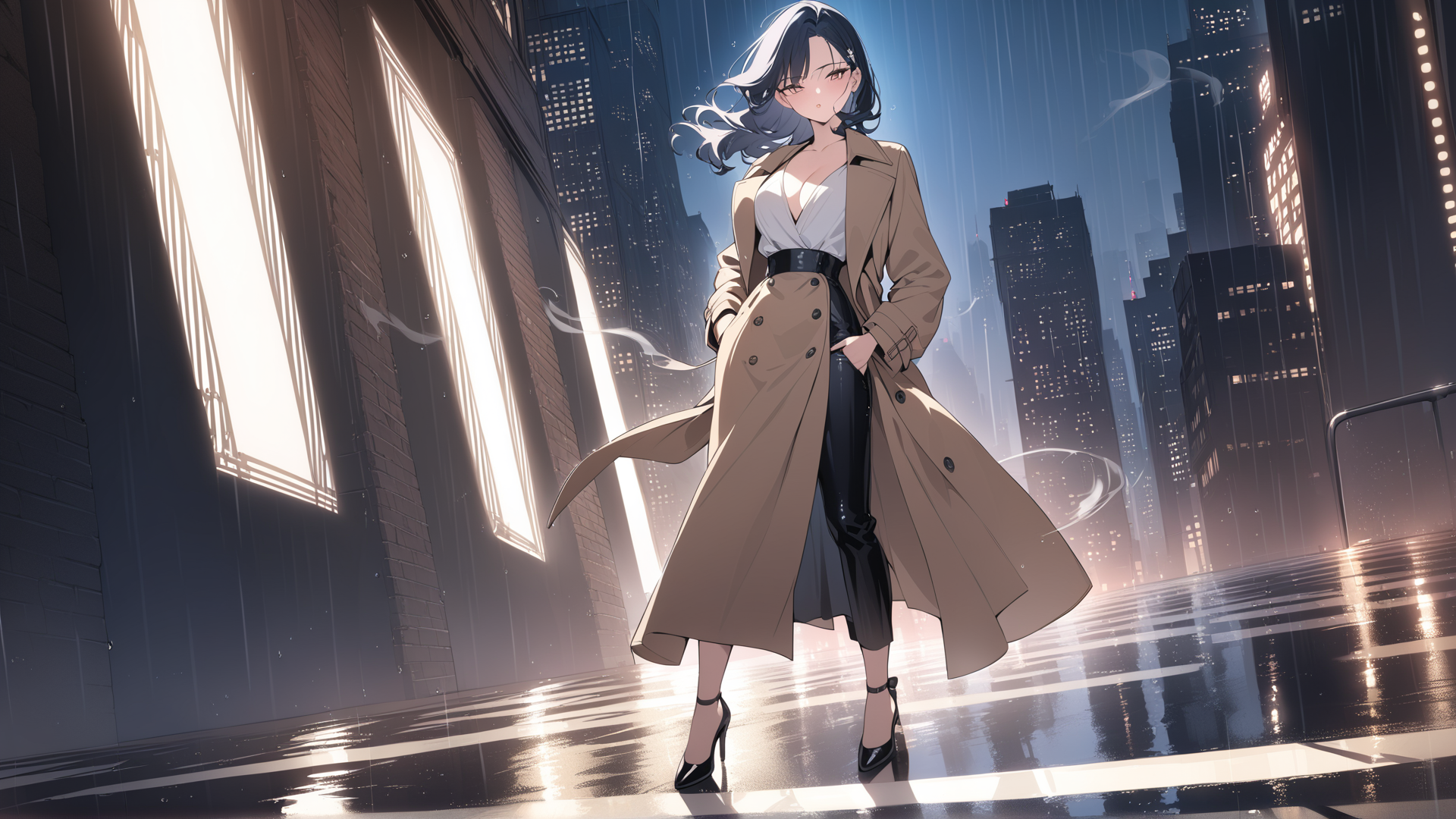 AI generated wallpaper featuring woman, city, rain