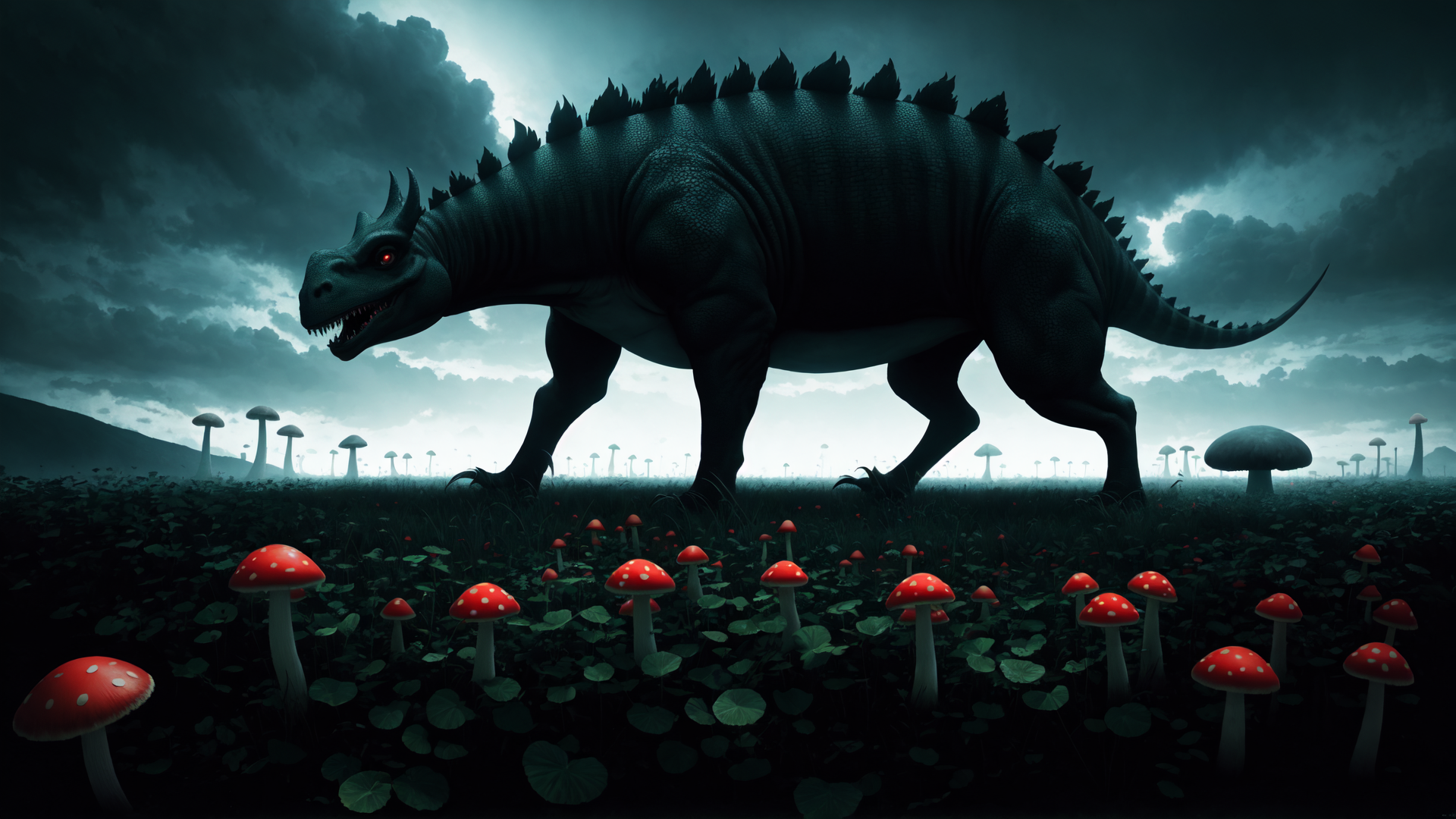 AI generated wallpaper featuring dinosaur, mushroom, cloud, grass, mountain