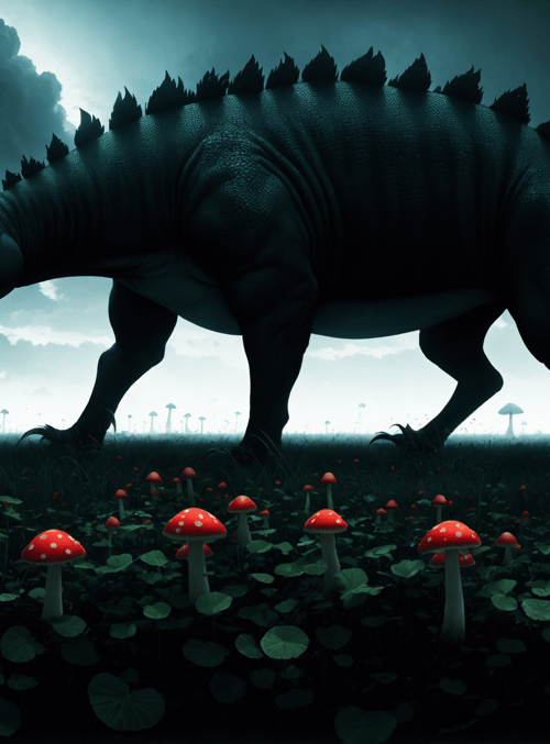 dinosaur, mushroom, cloud, grass, mountain
