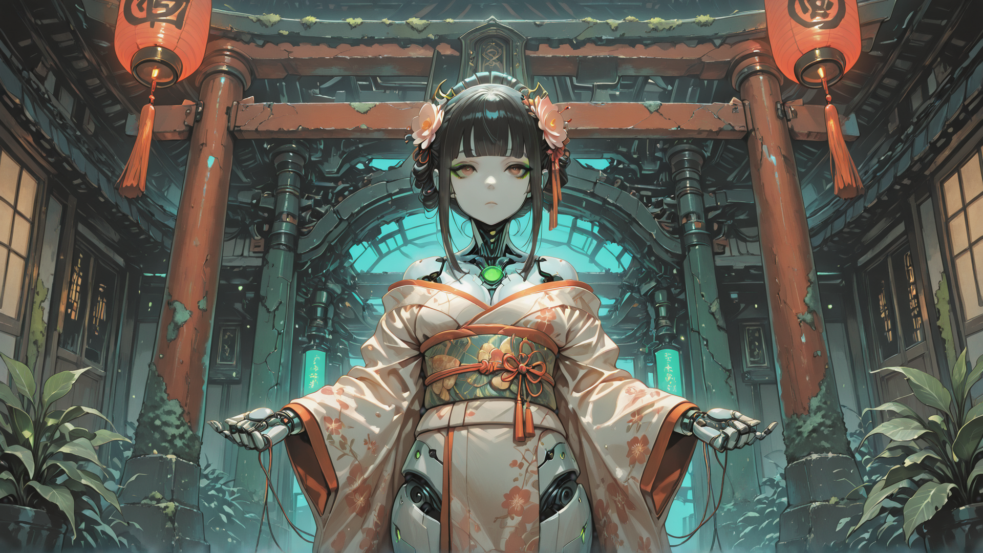 AI generated wallpaper featuring robot, woman, lantern, kimono, building