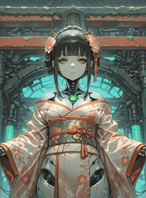 robot, woman, lantern, kimono, building