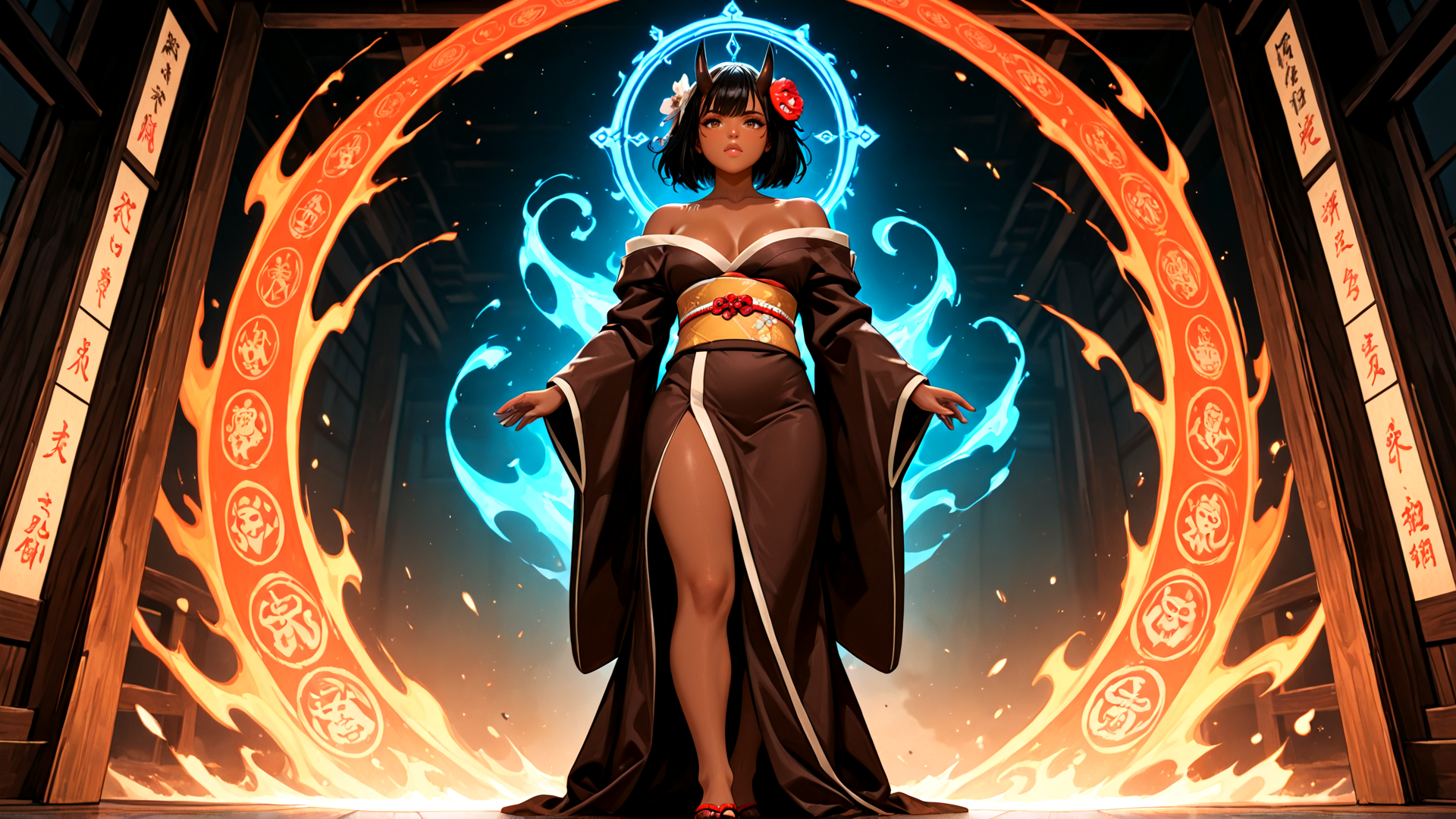 AI generated wallpaper featuring woman, yokai, sorceress, traditional, dress, flame, circle, spirit, ornament, mandala