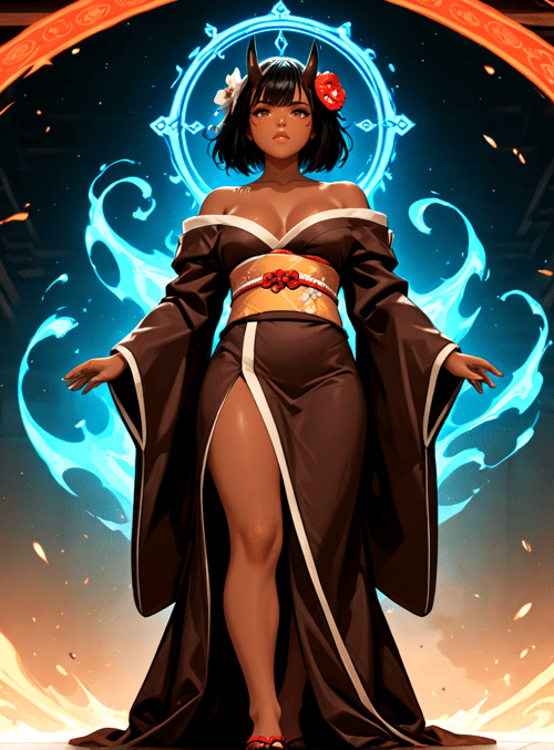 woman, yokai, sorceress, traditional, dress, flame, circle, spirit, ornament, mandala