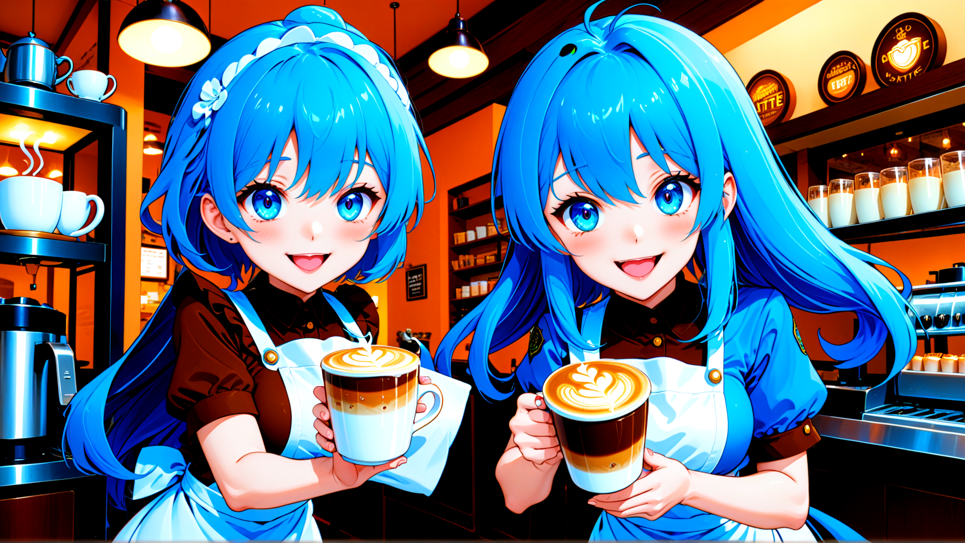 AI generated wallpaper featuring girls, baristas, coffee, apron, cup