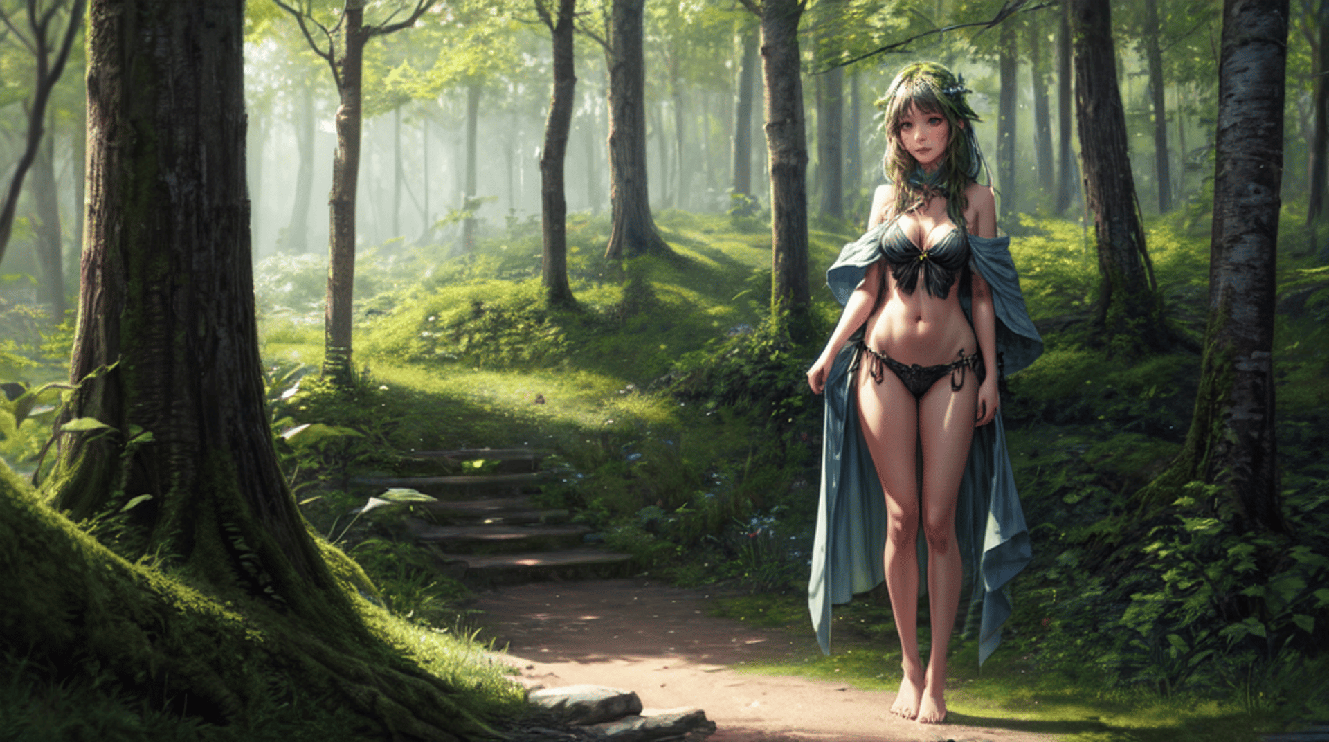 AI generated wallpaper featuring nymph, forest, goddess