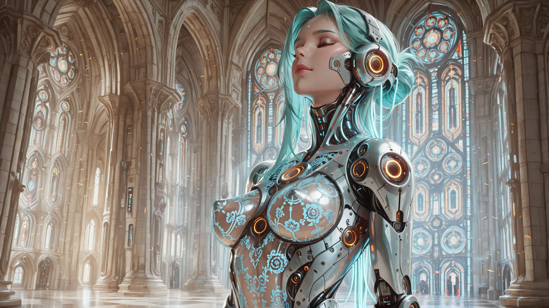 AI generated wallpaper featuring cyborg, robot, golem, robotic, soul, saint, cathedral, architecture, anime, glowing