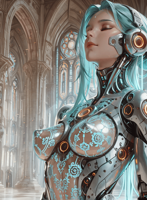 cyborg, robot, golem, robotic, soul, saint, cathedral, architecture, anime, glowing