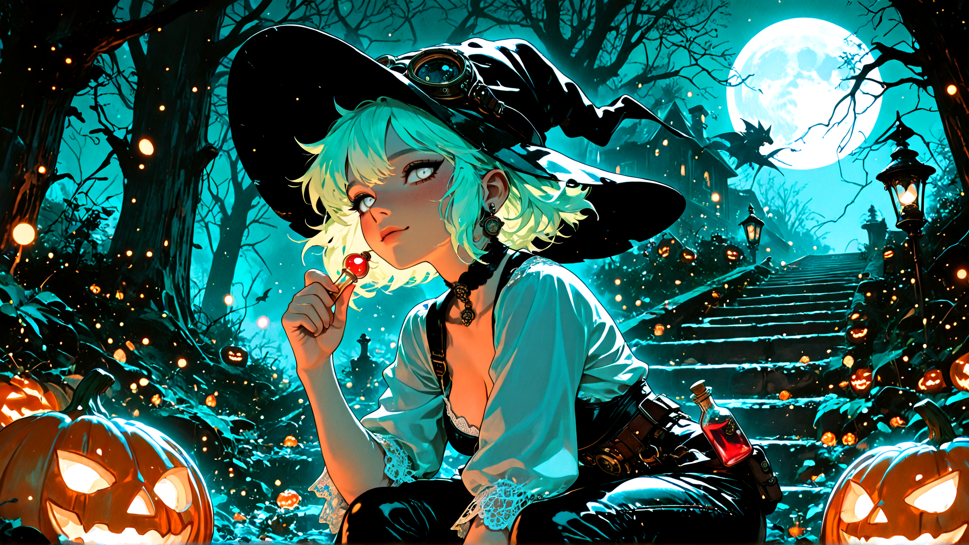 AI generated wallpaper featuring witch, pumpkin, lollipop, moon, trees, lantern