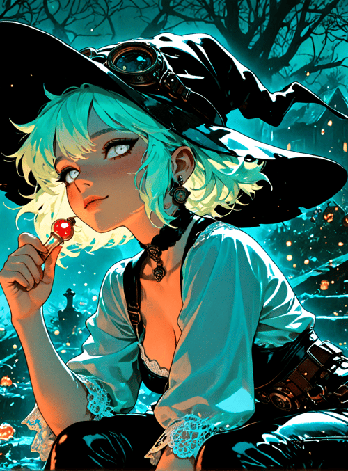 witch, pumpkin, lollipop, moon, trees, lantern