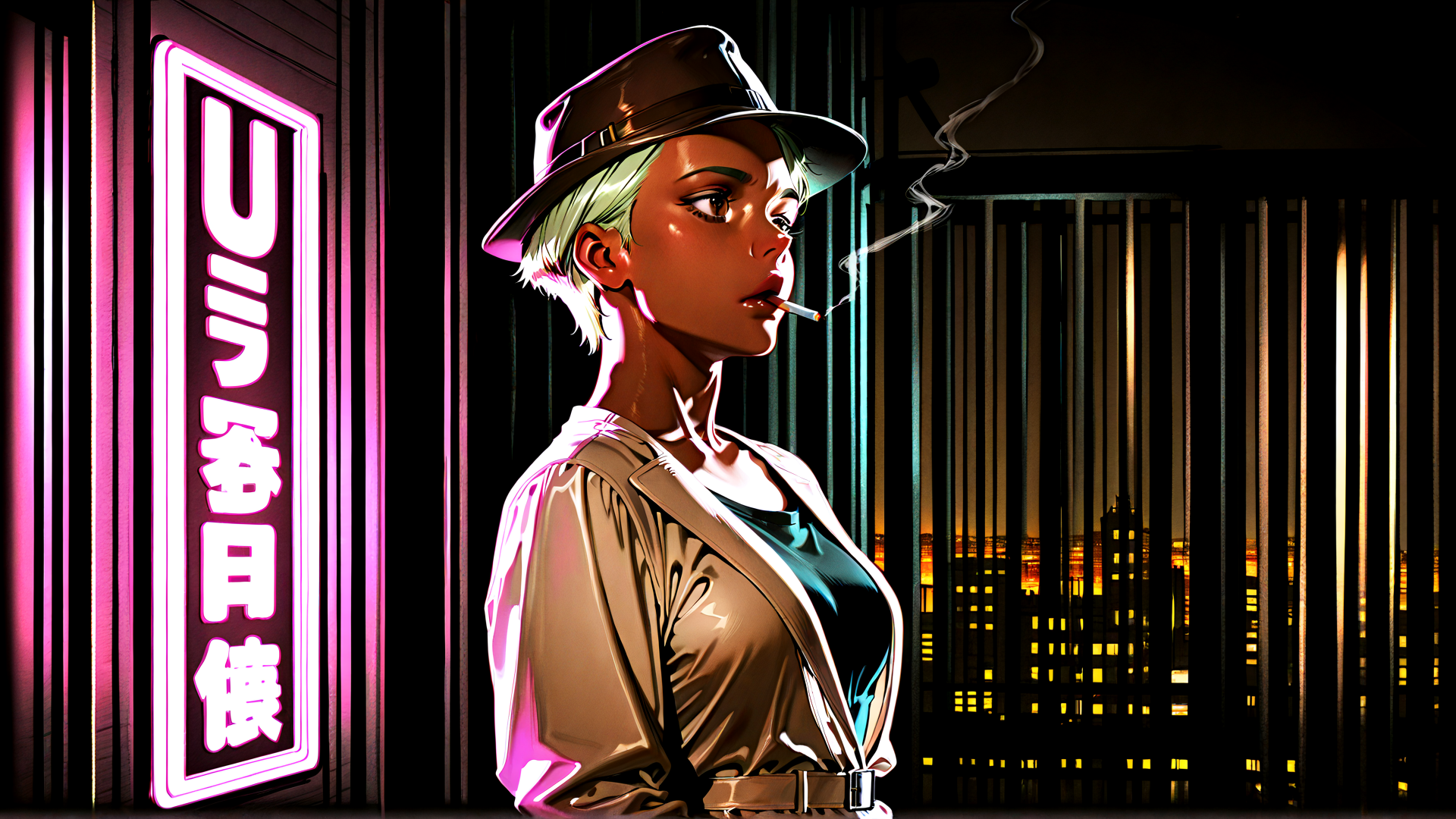 AI generated wallpaper featuring woman, neon sign, cityscape, hat, cigarette, jacket