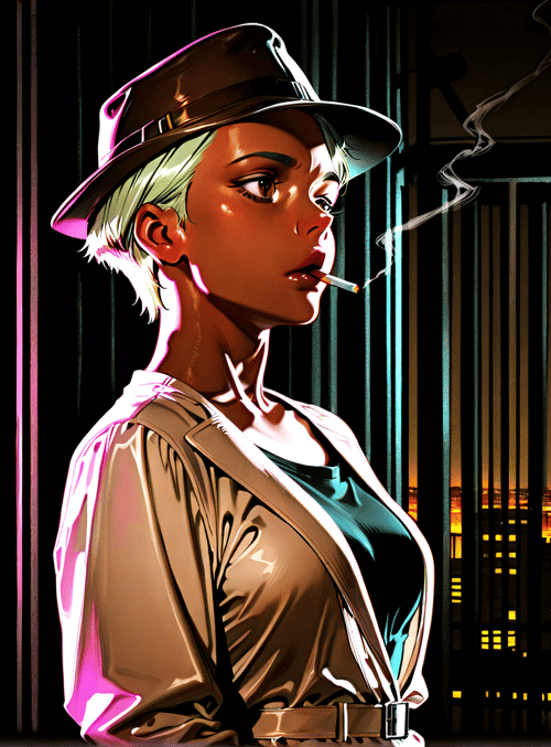 woman, neon sign, cityscape, hat, cigarette, jacket