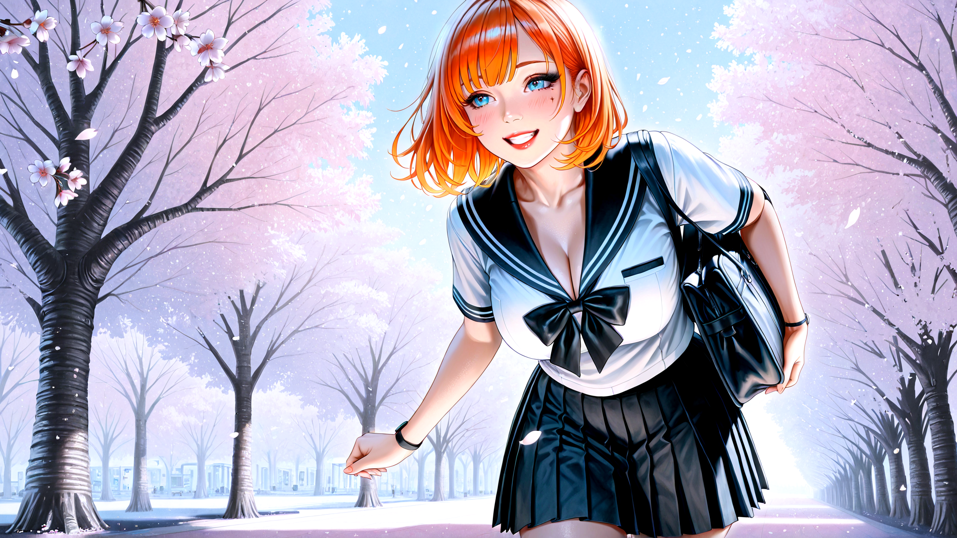 AI generated wallpaper featuring girl, cherry blossoms, school uniform, trees, pathway, bag, hair
