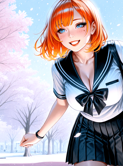 girl, cherry blossoms, school uniform, trees, pathway, bag, hair