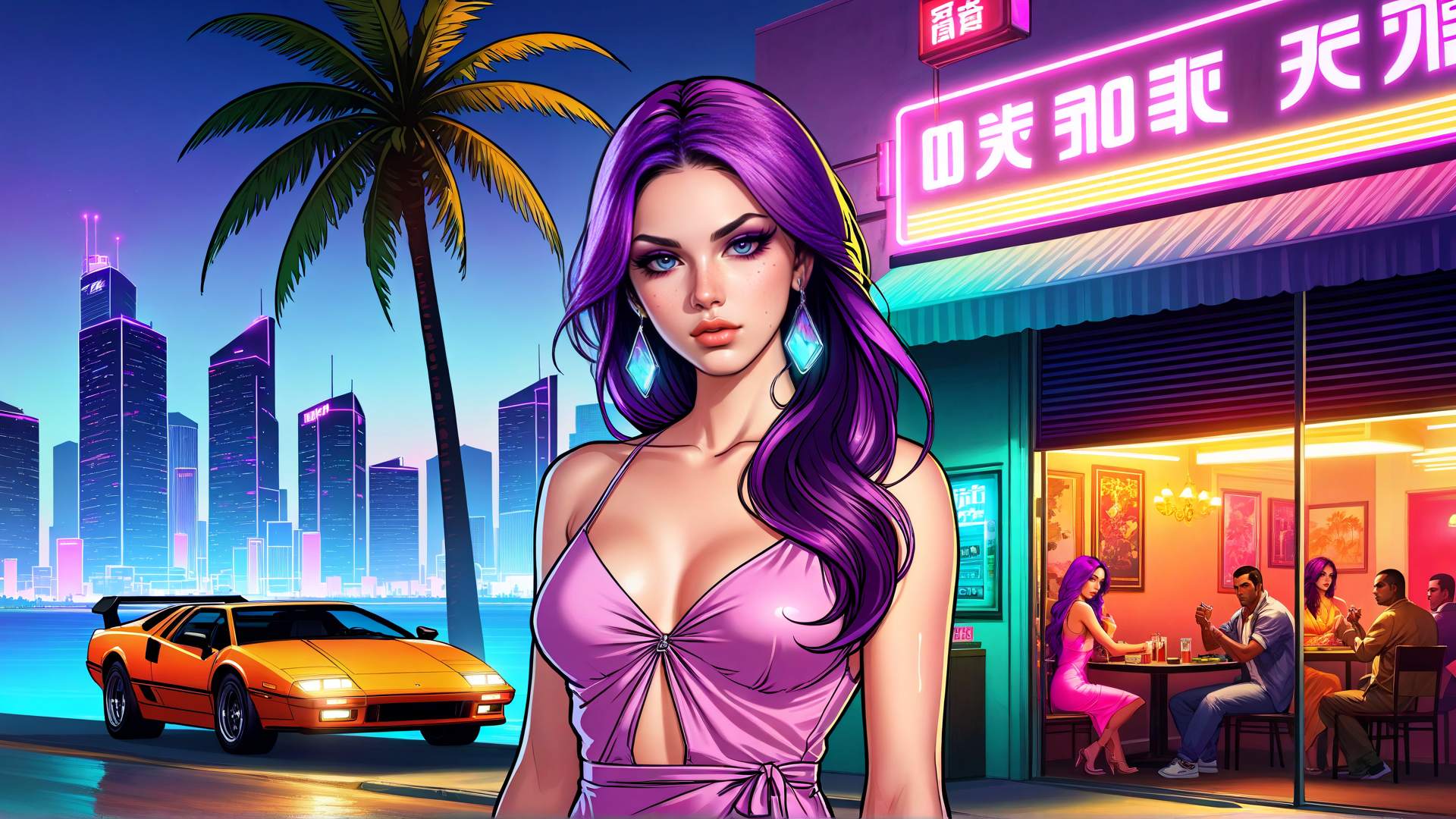 AI generated wallpaper featuring woman, car, cityscape, restaurant