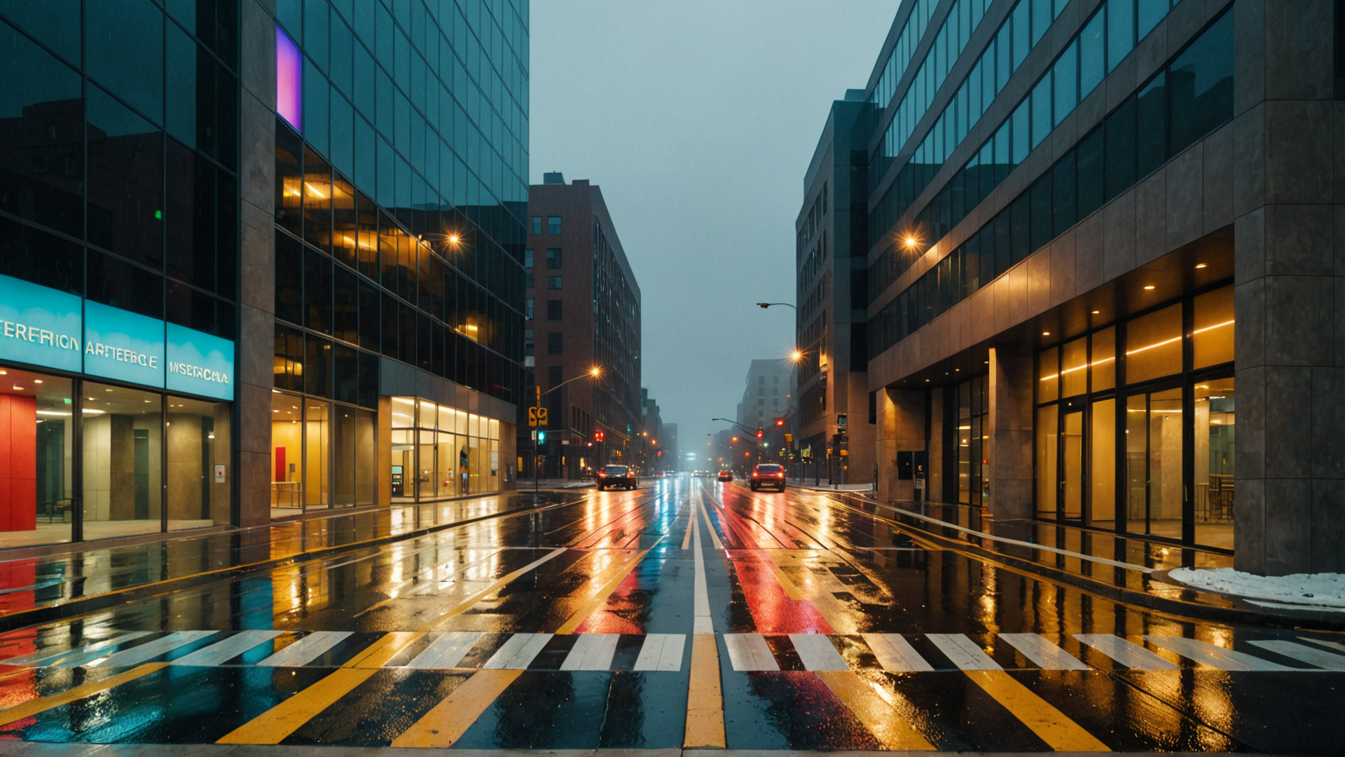 AI generated wallpaper featuring street, buildings, cars, road, crosswalk, lights, window, city, reflection, snow