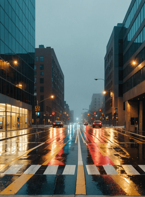 street, buildings, cars, road, crosswalk, lights, window, city, reflection, snow