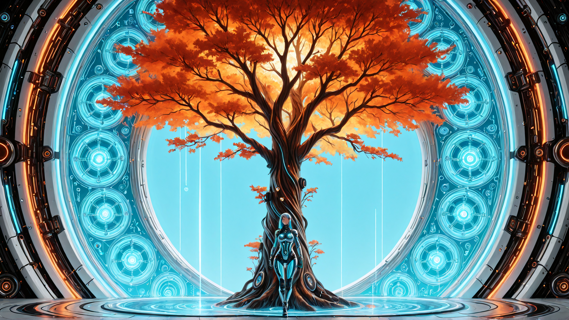 AI generated wallpaper featuring tree, cyborg, portal, circle, light, symbol, globe, leaf, glasses, circuit