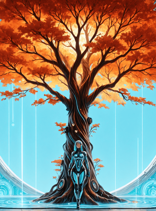 tree, cyborg, portal, circle, light, symbol, globe, leaf, glasses, circuit