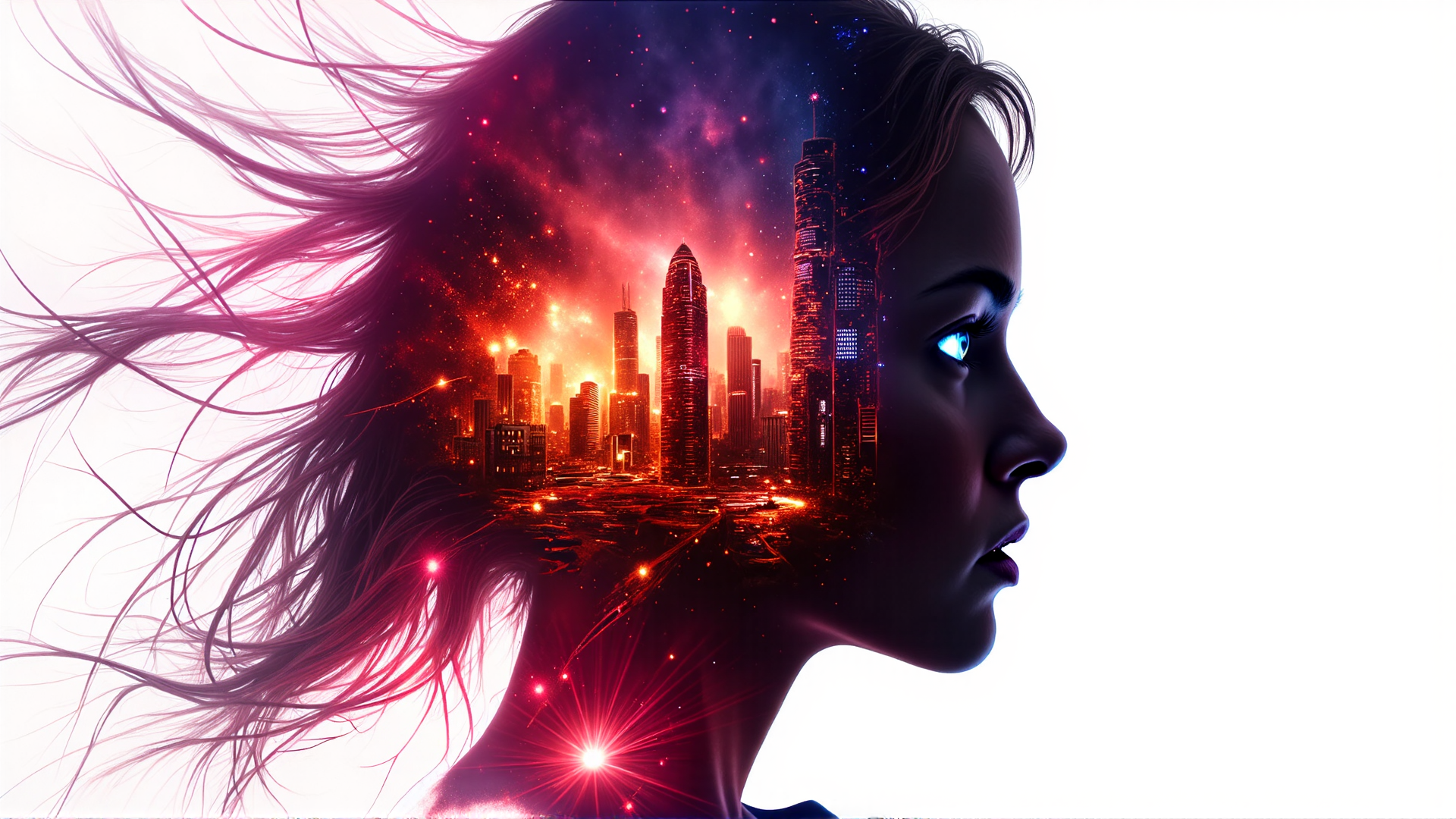 AI generated wallpaper featuring woman, cityscape, nebula, hair, silhouette