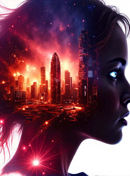 woman, cityscape, nebula, hair, silhouette