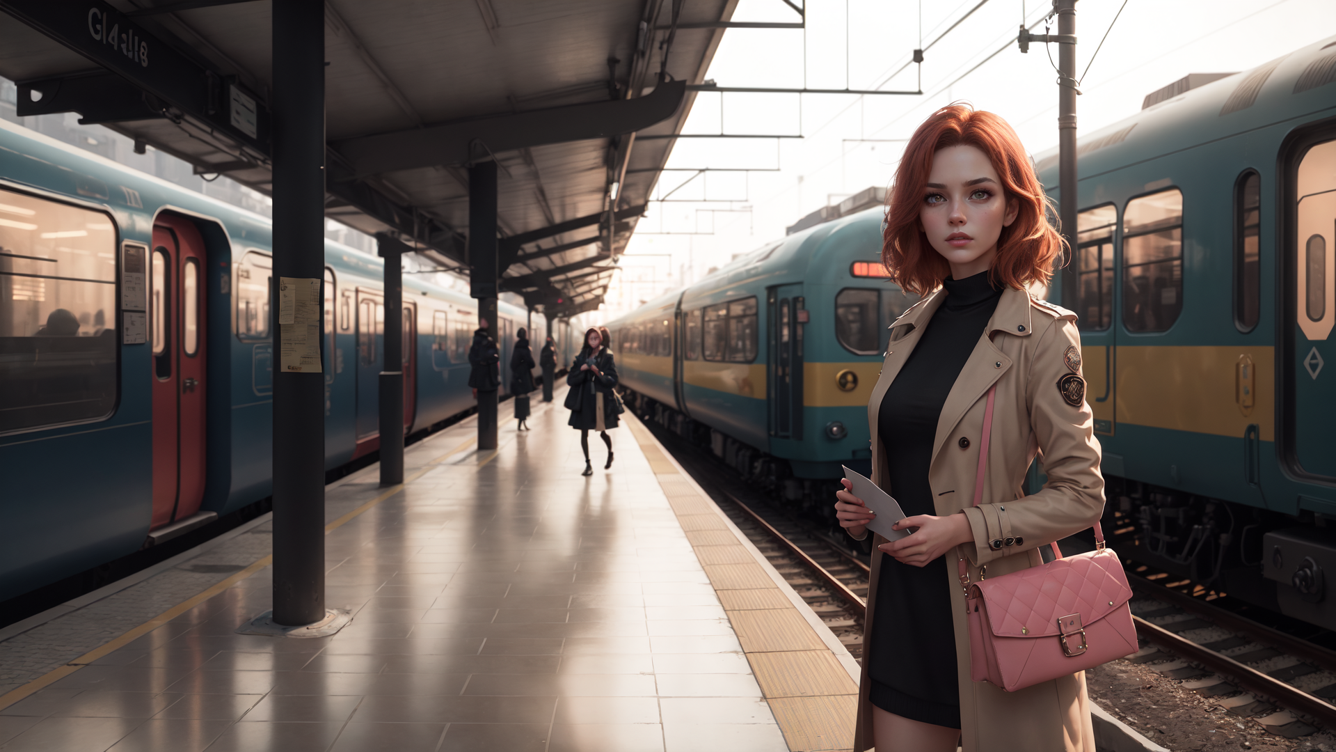 AI generated wallpaper featuring woman, train, station