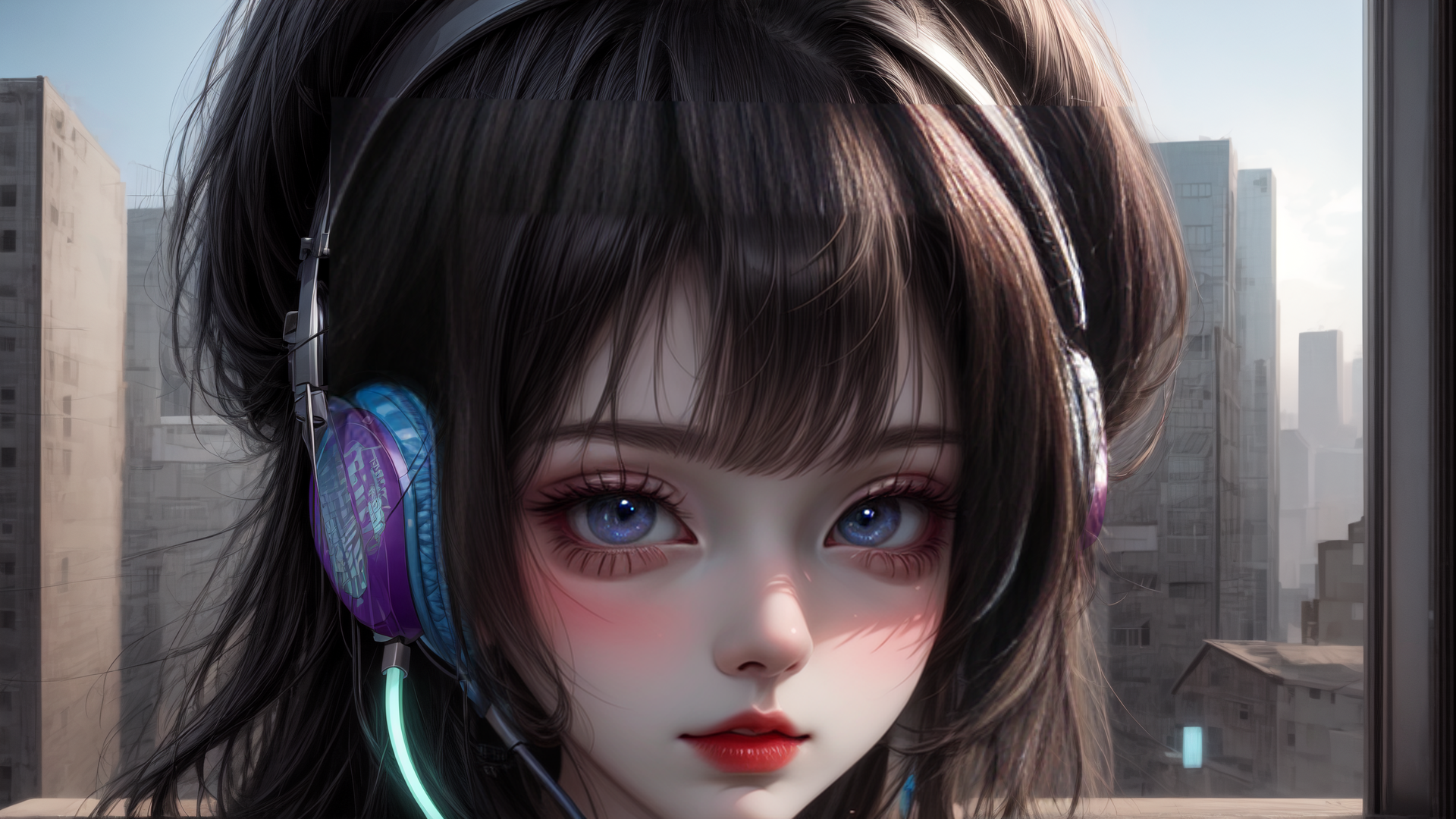AI generated wallpaper featuring girl, headphones, city