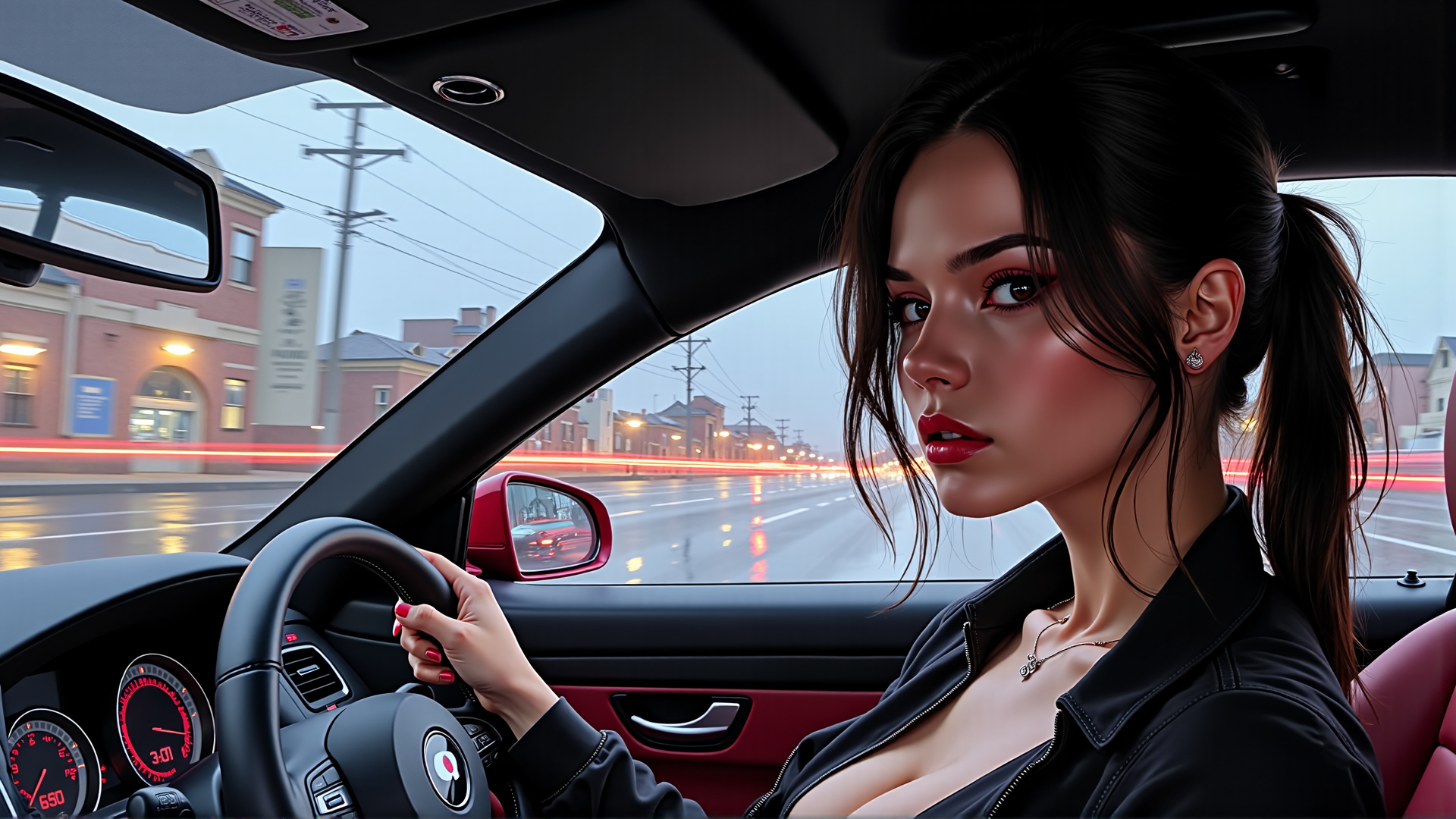 AI generated wallpaper featuring woman, driver, car, steering wheel, street, building