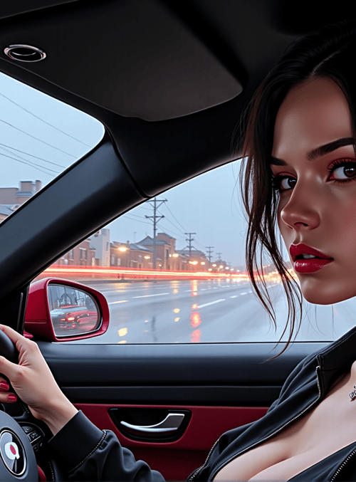 woman, driver, car, steering wheel, street, building