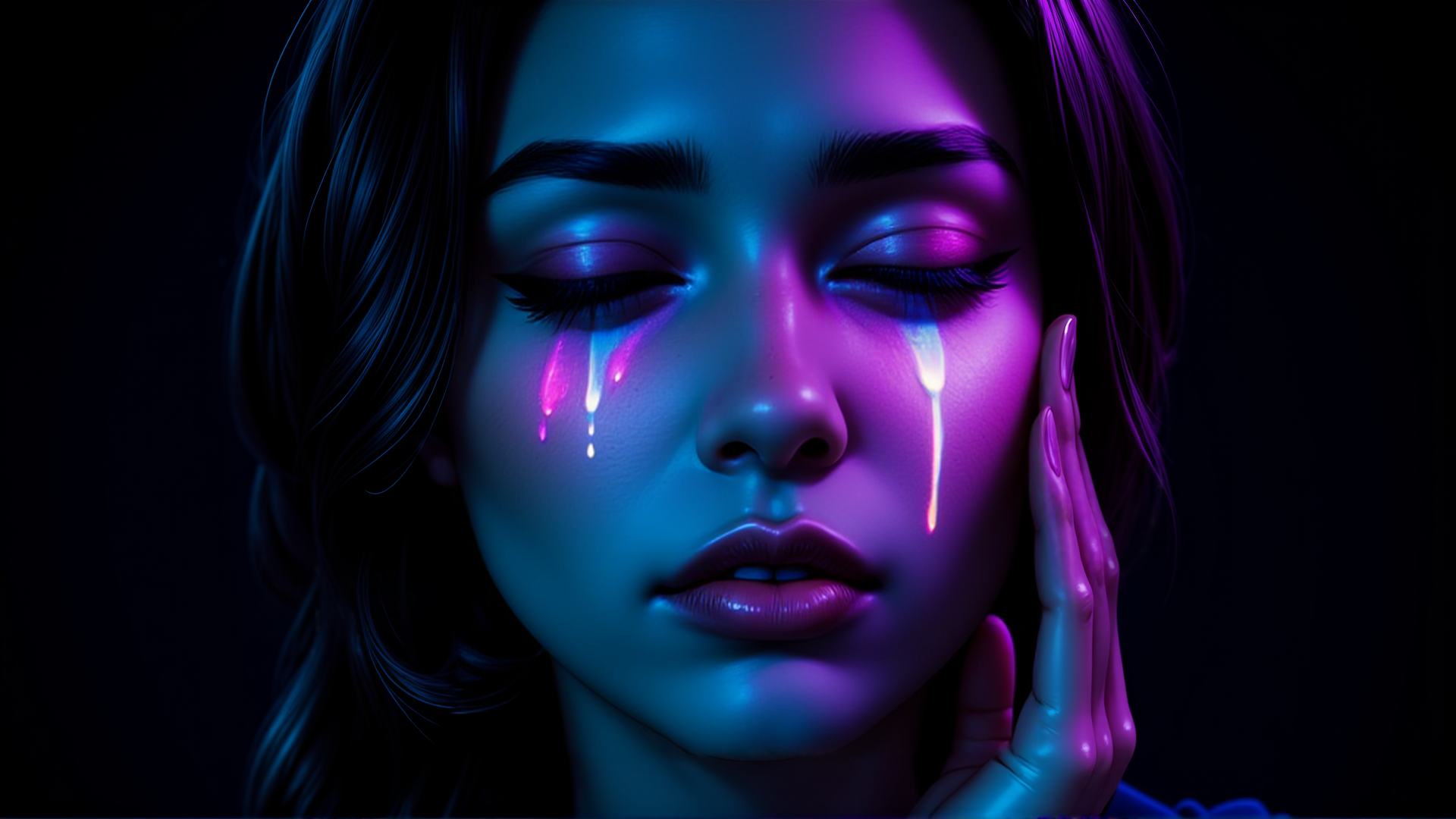 AI generated wallpaper featuring woman, tears, hand