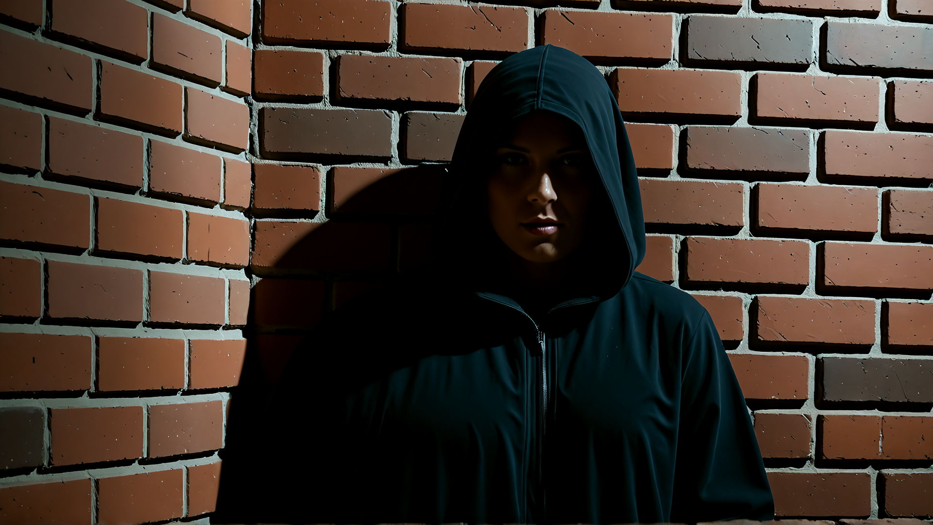 AI generated wallpaper featuring person, hoodie, brick wall