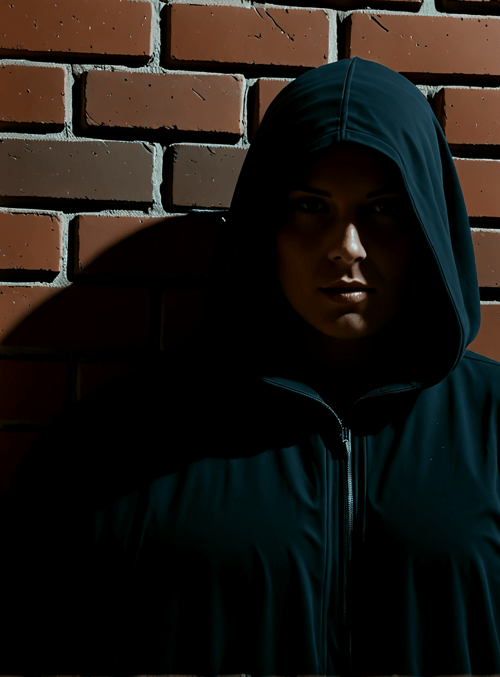 person, hoodie, brick wall