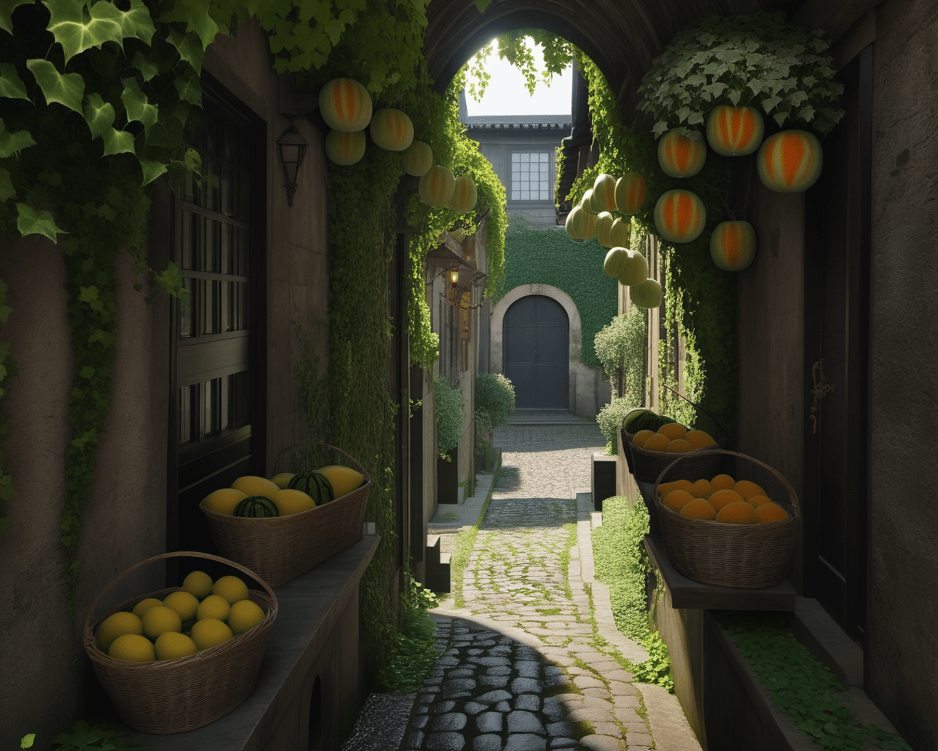 AI generated wallpaper featuring alley, fruit, ivy
