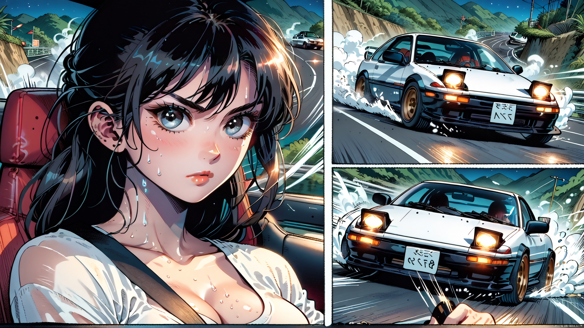 AI generated wallpaper featuring woman, car, race, sweat, mountain, road, license plate, headlight, driver, water