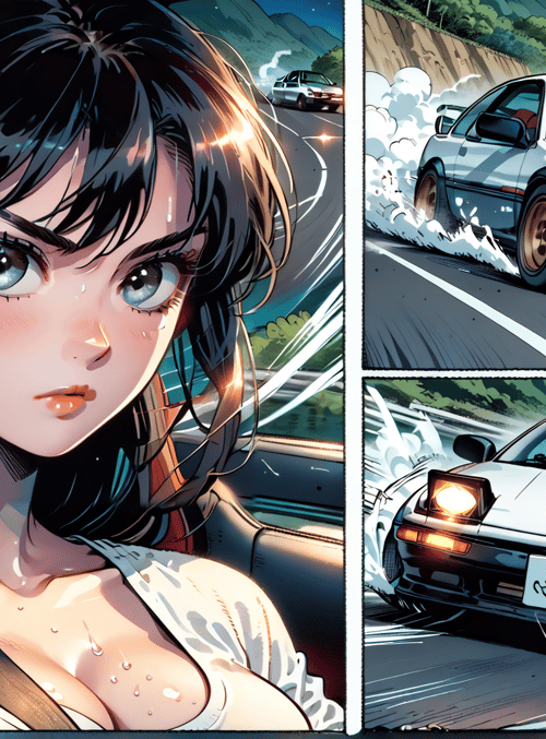 woman, car, race, sweat, mountain, road, license plate, headlight, driver, water