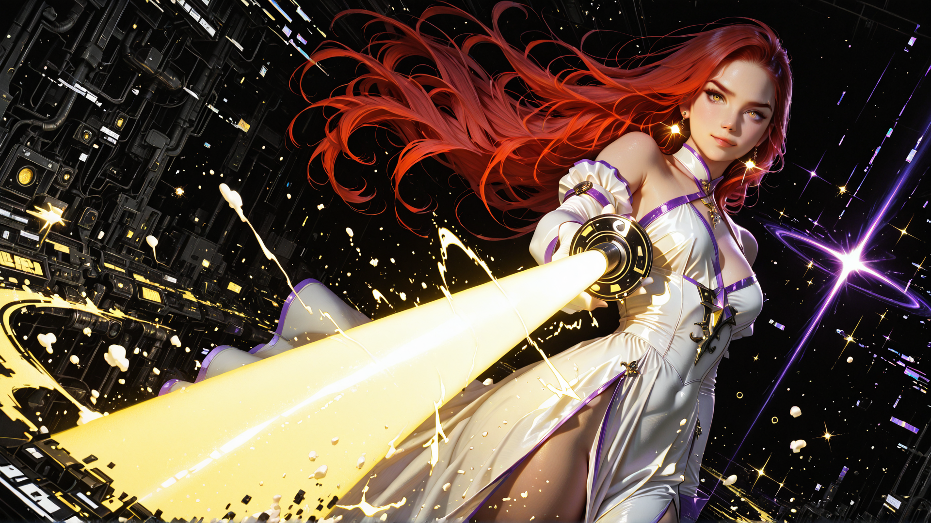 AI generated wallpaper featuring woman, spaceship, laser