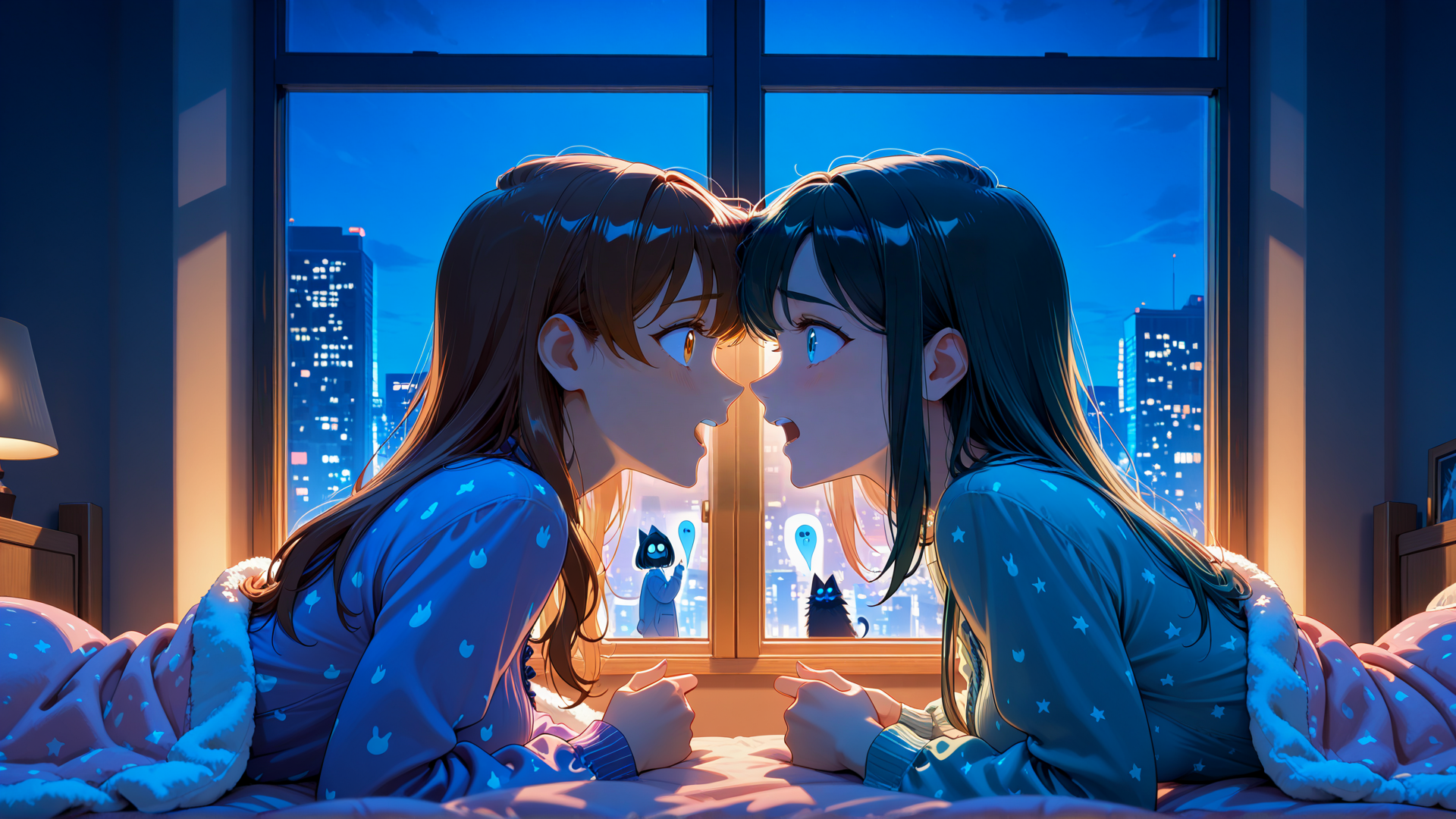 AI generated wallpaper featuring girls, window, city