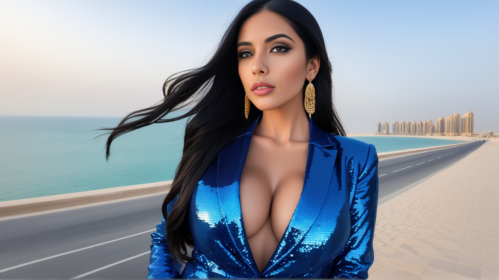 AI generated wallpaper featuring woman, cityscape, road