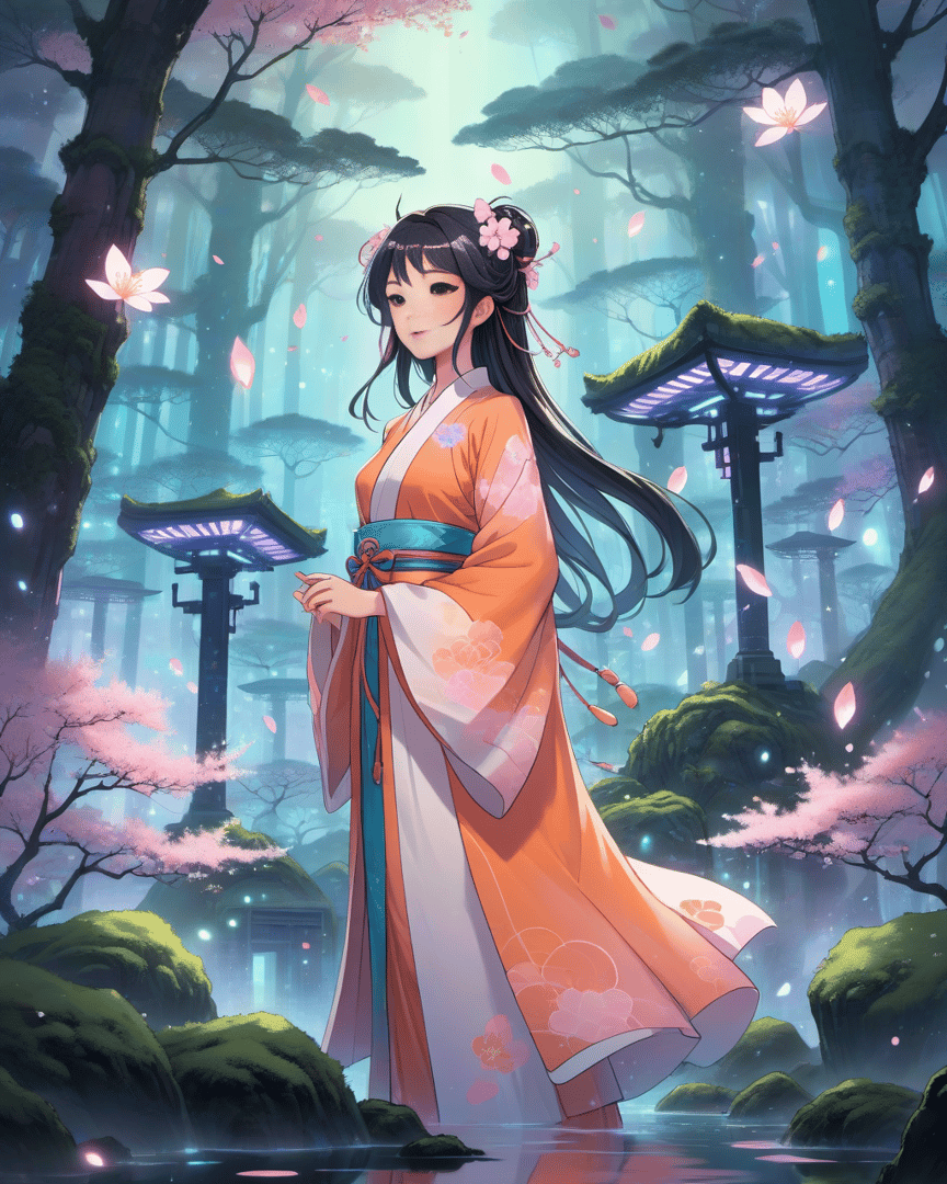 AI generated wallpaper featuring woman, kimono, forest